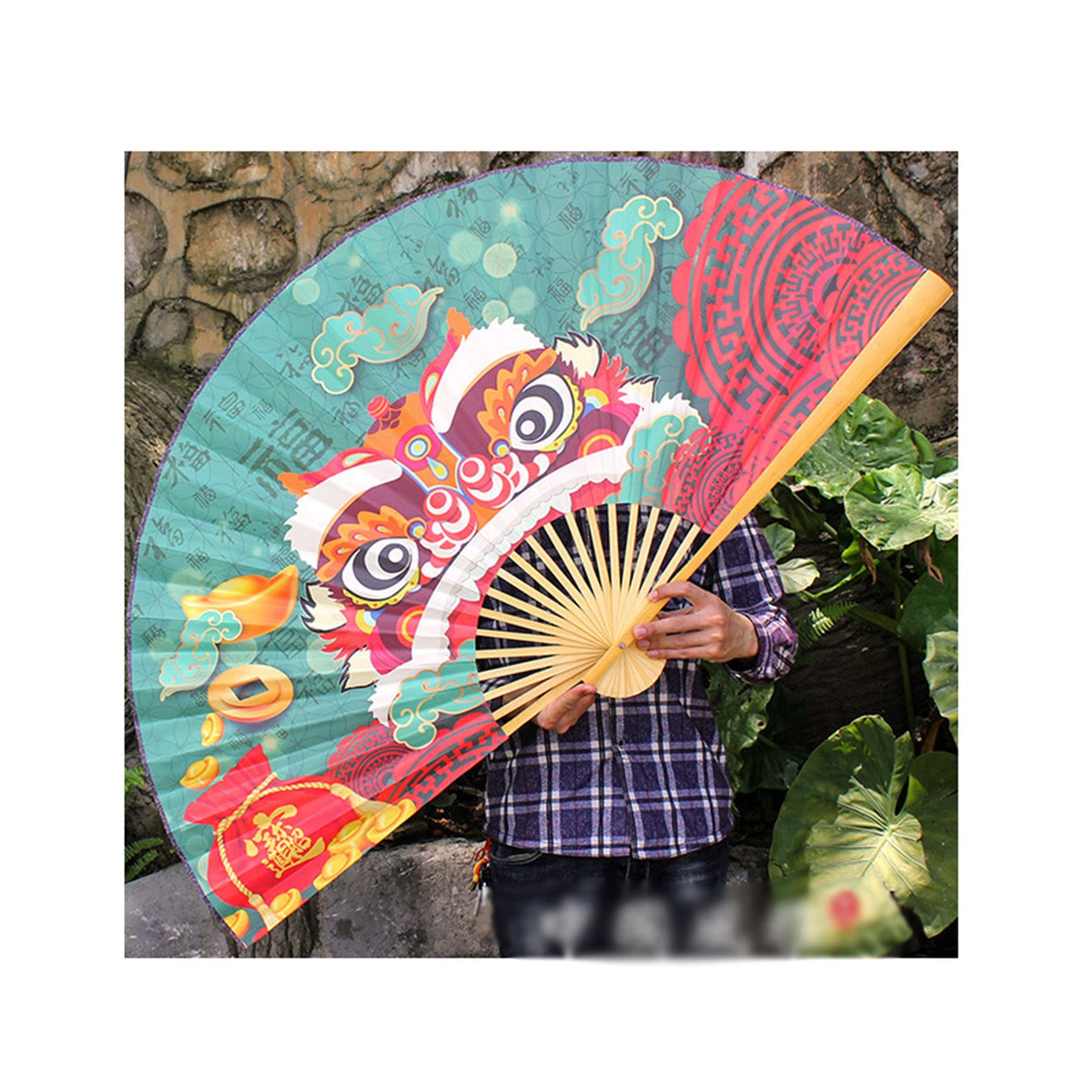 Amazon｜大扇子 中華風 獅子舞文様 開店祝いのお祝い飾り 工芸